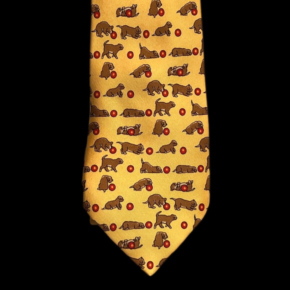 HERMES Playful Dog With Ball Printed Tie In Yellow